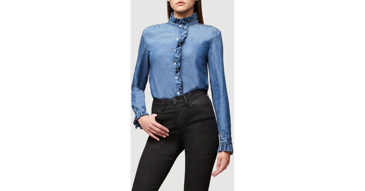 FRAME Ruffle Denim Shirt in Blue | Lyst