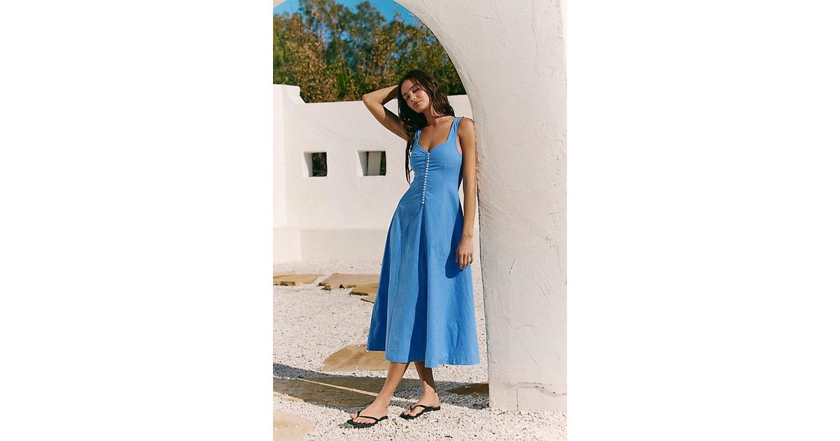Free People Holland Stretch Linen Midi Dress in Blue | Lyst