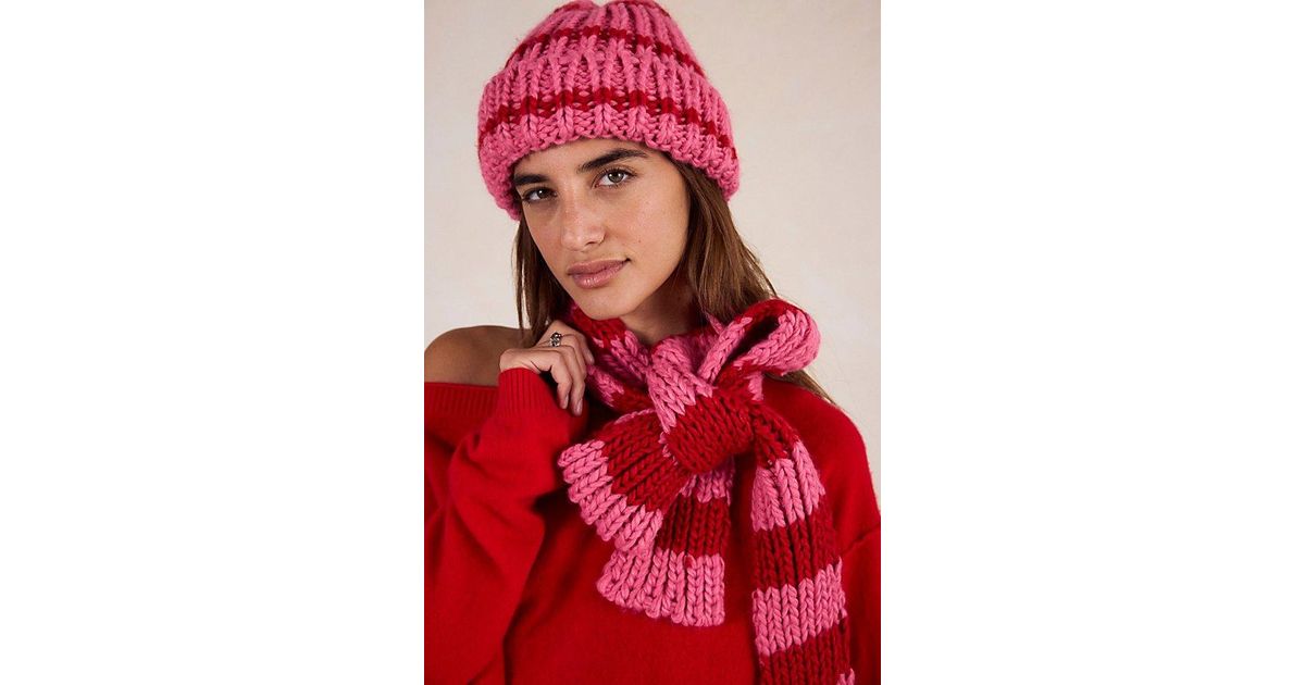 Free people tacita scarf and beanie combo set pink red stripe NWT 10a47125-0ed4-435f-82eb-  main image 2