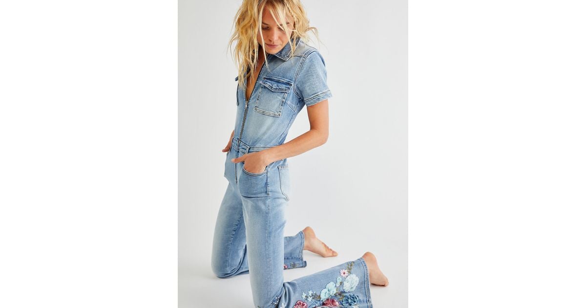 Free People X Driftwood Farrah Embroidered Jumpsuit in Blue | Lyst ...