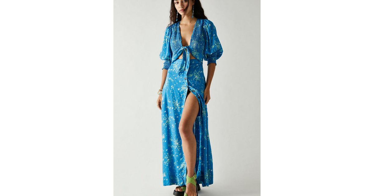 Free People String Of Hearts Printed Maxi Dress in Midnight Blue (Blue