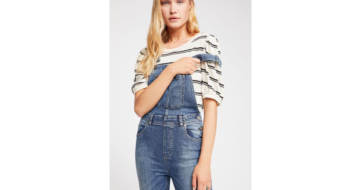 free people slim ankle denim overalls