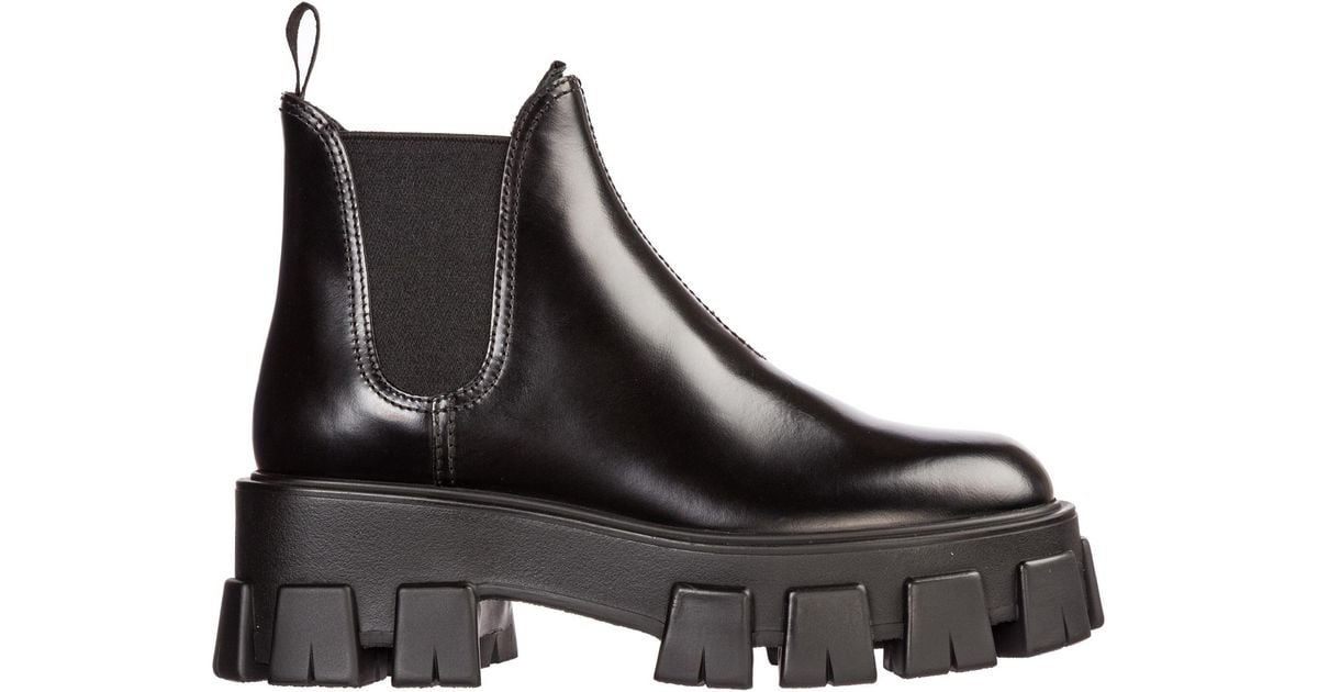 Prada Women's Leather Heel Ankle Boots Booties Monolith in Black | Lyst