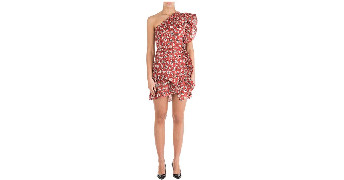Etoile Isabel Marant Teller One shoulder Ruffled Printed Linen Mini Dress in Red Lyst