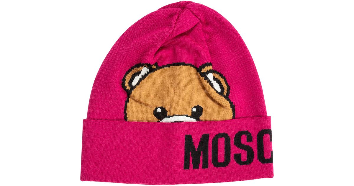 Moschino Wool Beanie Hat Teddy in Pink 