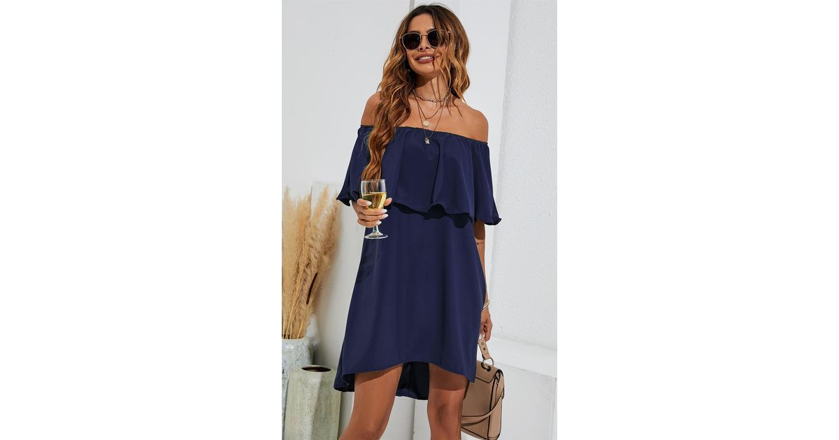 FS Collection Bardot Frill Off Shoulder Mini Dress in Blue | Lyst UK