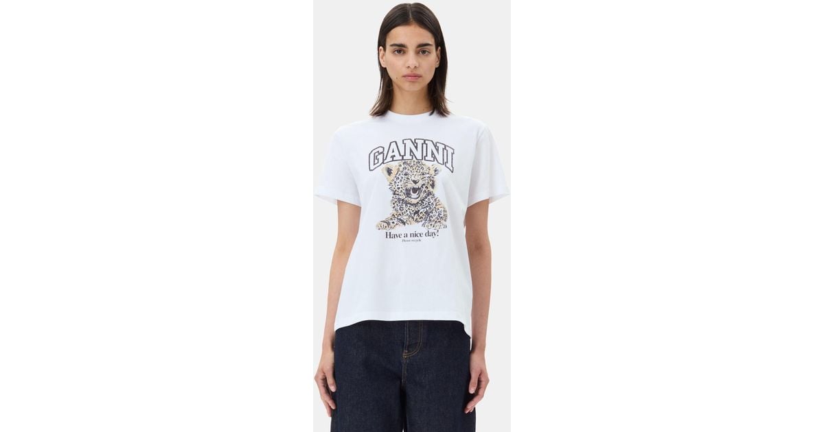 Ganni White Basic Jersey Leopard Relaxed T-shirt Size Medium