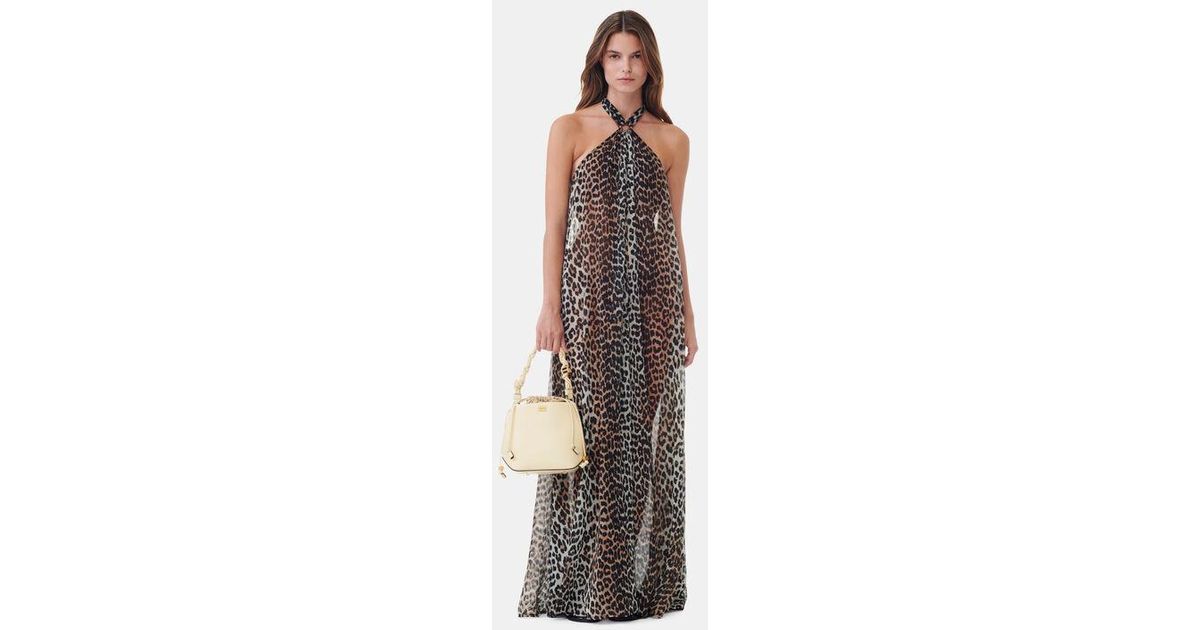 Ganni Leopard Printed Light Chiffon Halterneck Long Dress Polyester | Lyst  UK