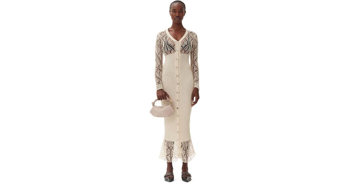 Ganni Cotton Lace Button Down Maxi Dress in Natural | Lyst