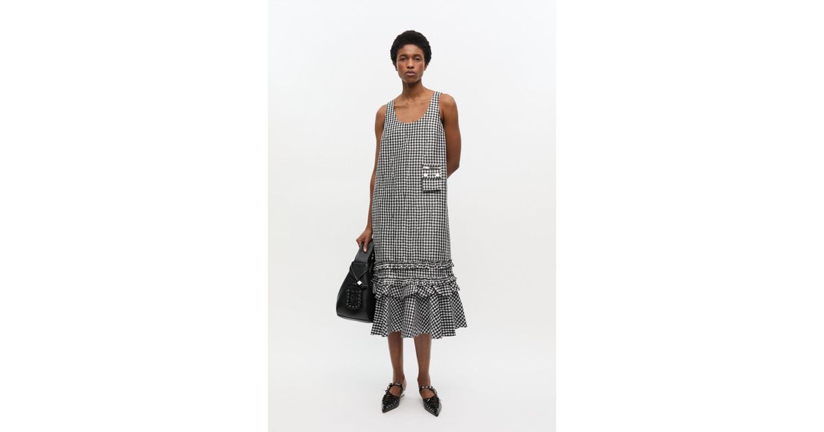 Ganni Crinkled Check Long Dress in Black | Lyst