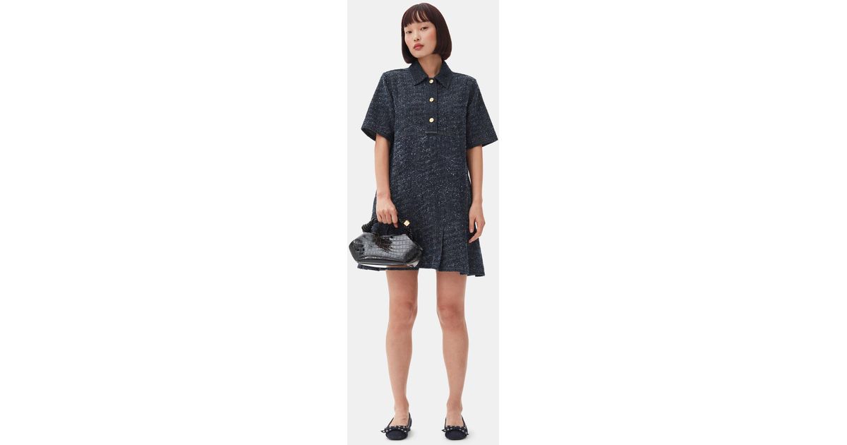 ganni fluffy denim mini dress GANNI Mid Blue Stone Tapestry Denim Mini Dress Mid Blue / 38
