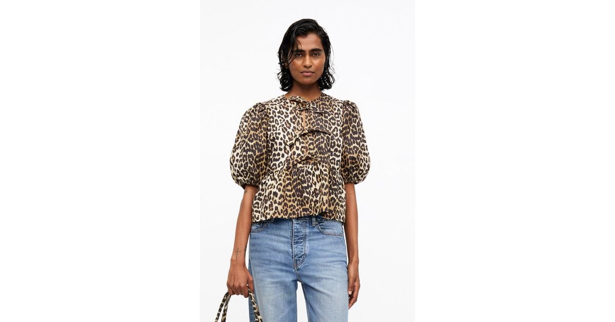 ★Leopard Cotton Poplin Peplum Blouse★ Leopard Leopard Cotton Poplin Peplum Tie Blouse | GANNI US