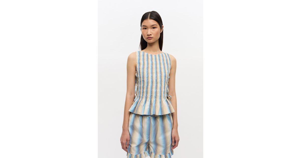 Ganni Ombre Striped Cotton Smock Tie Top in White | Lyst