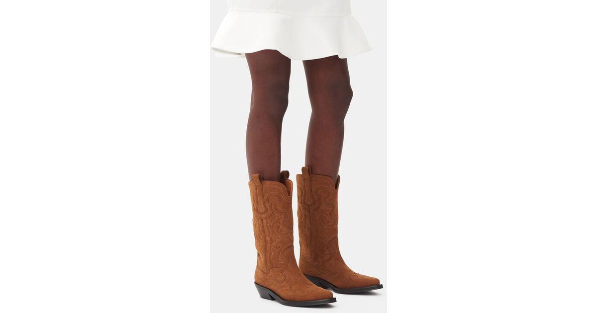 GANNI|BOOTS (BRWON SUEDE MID SHAFT EMBROIDERED WESTERN Ganni Suede Mid Shaft Embroidered Western Boots in Brown | Lyst