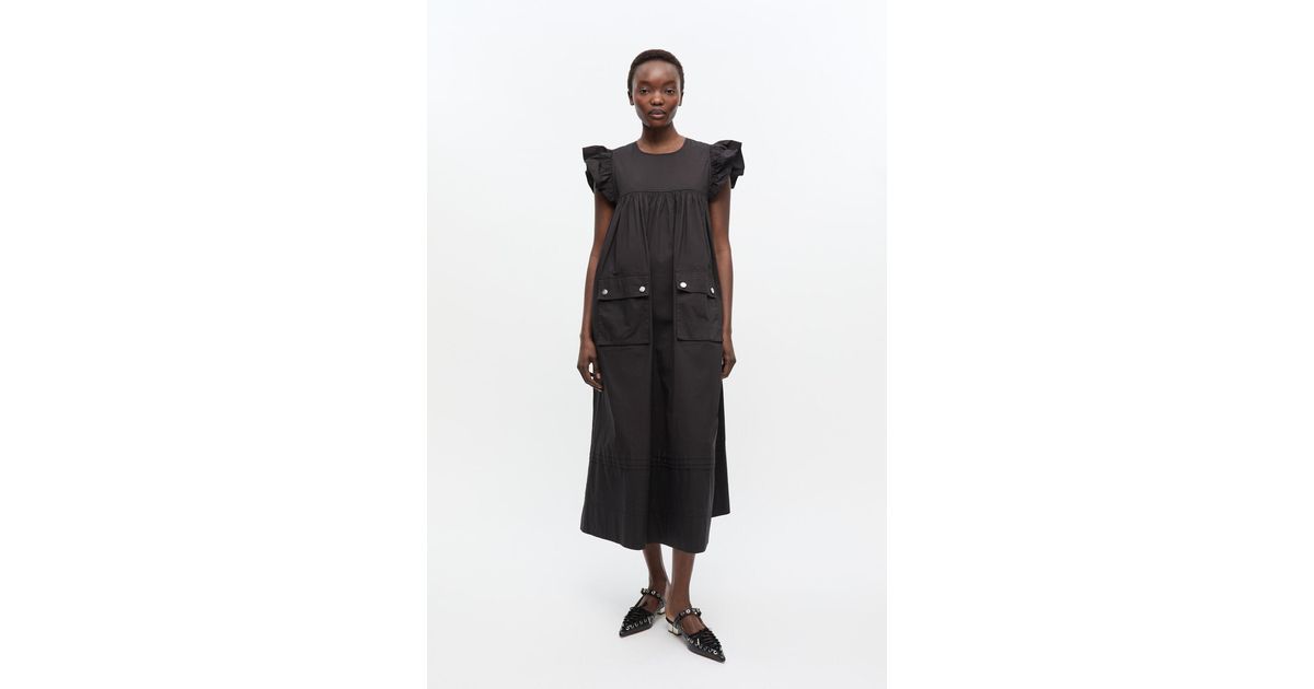 Ganni Stretch Cotton Frill Sleeve Dress in Black | Lyst