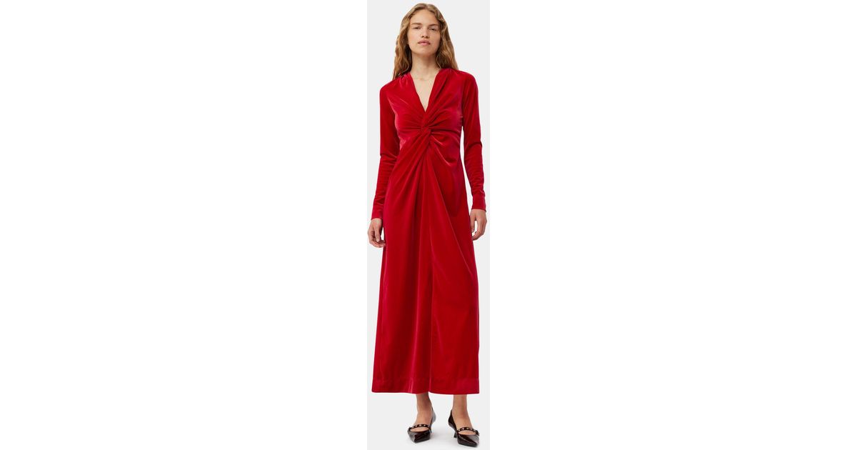 ganni red velvet dress GANNI Ruched velvet midi dress