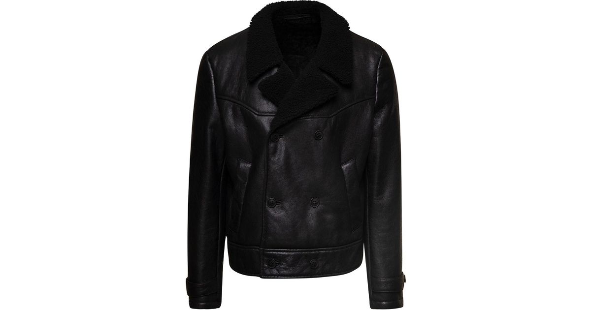 Salvatore Santoro Jacket With Shearling Revers And Logo Detail In Leather in Black for Men Lyst