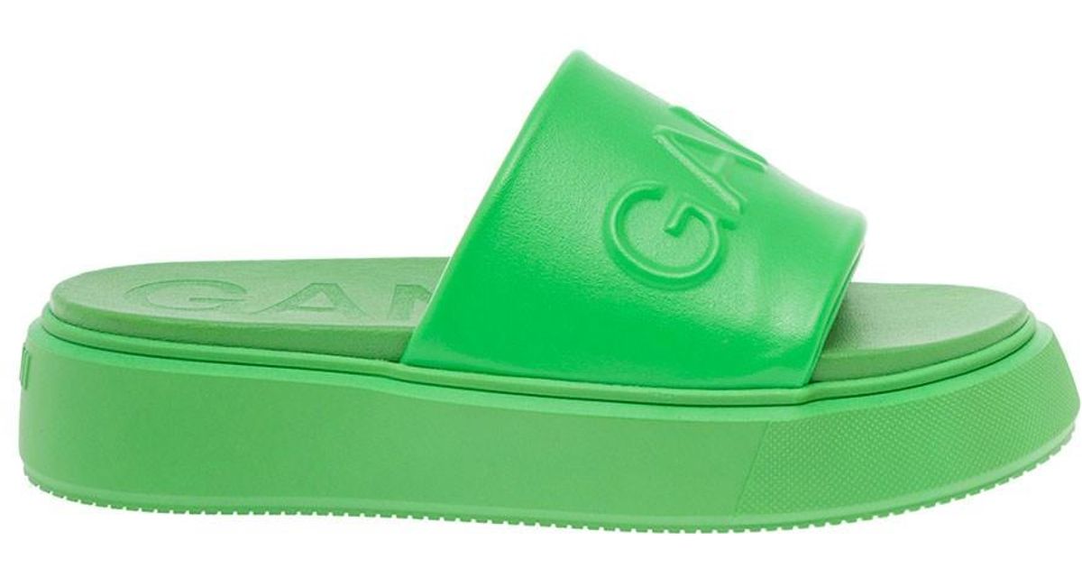 Ganni Woman's Slide Sporty Mix Vegea Sandals With Logo in Green | Lyst UK