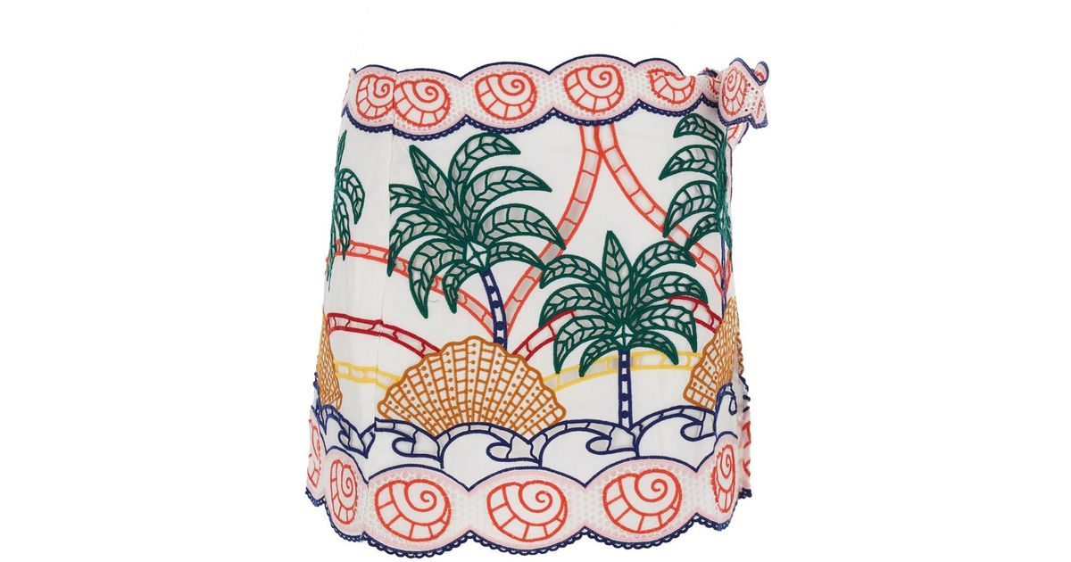 FARM Rio Skirt With Side Knot Closure And All-Over Tropical Embroidery ...
