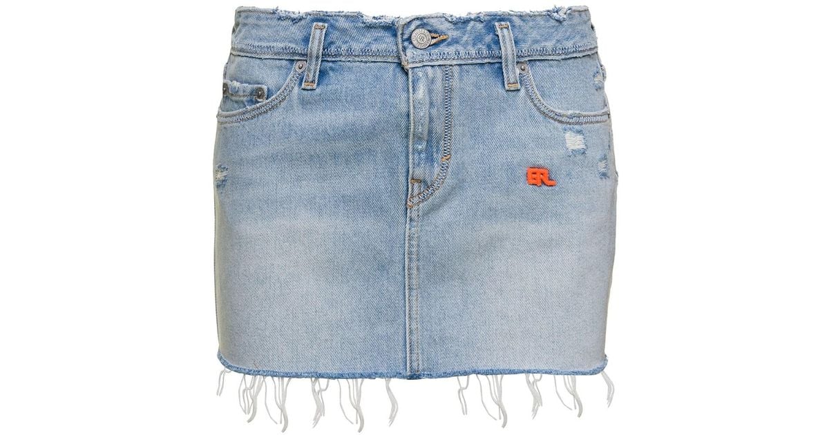 ERL Light Blue Mini-skirt With Logo Patch And Raw Edge In Cotton Denim ...
