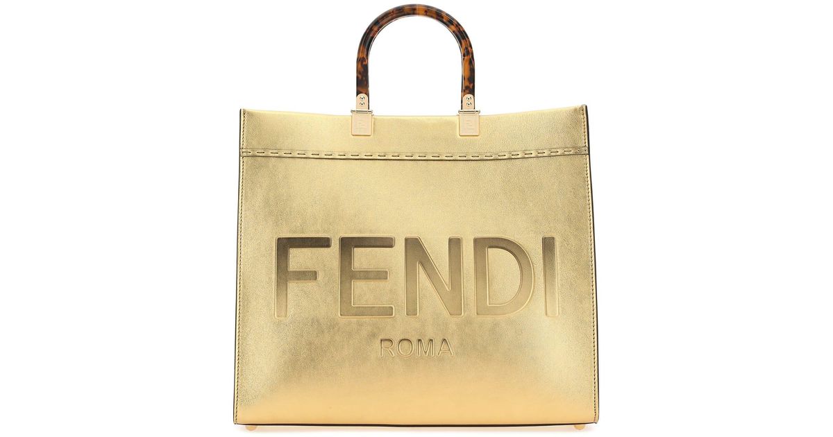 Fendi Gold Leather Medium Sunshine Shopping Bag in Natural | Lyst