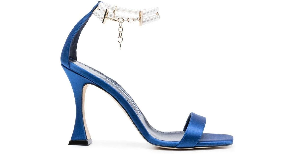Manolo Blahnik Charona Blue Sandals With Faux Pearl Ankle Strap | Lyst