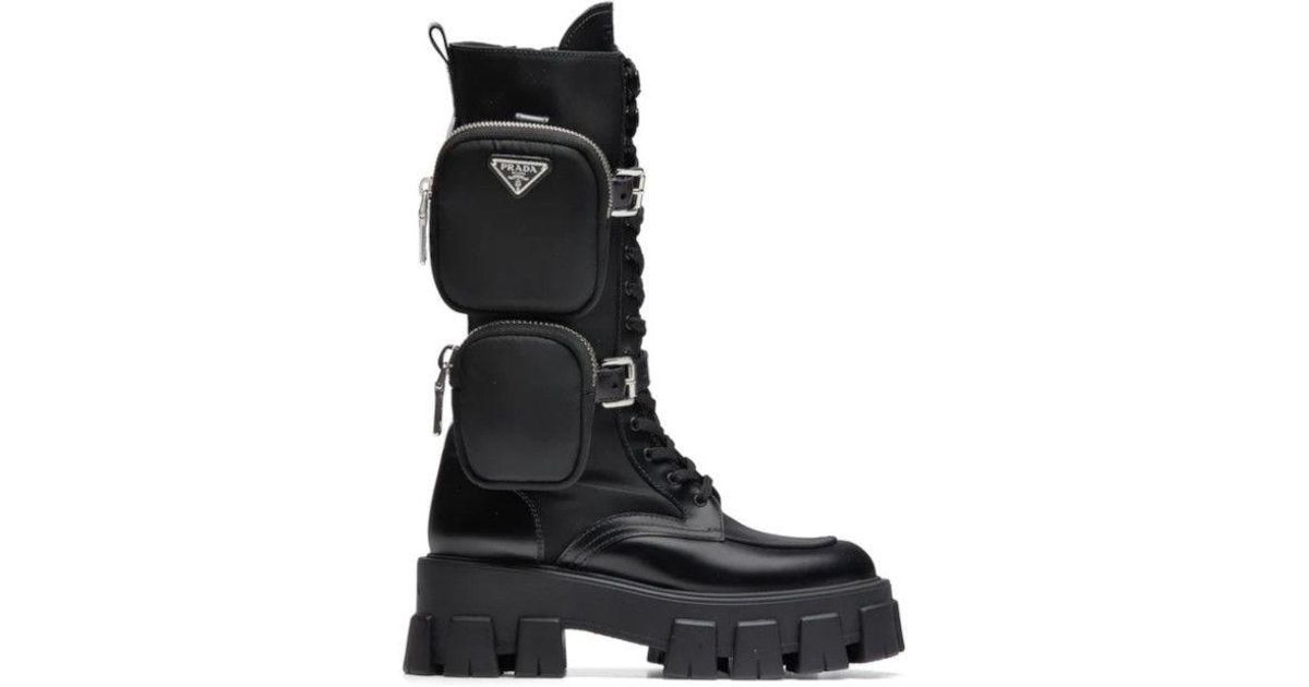 Prada Black Brushed Rois Leather And Nylon Monolith Boots | Lyst