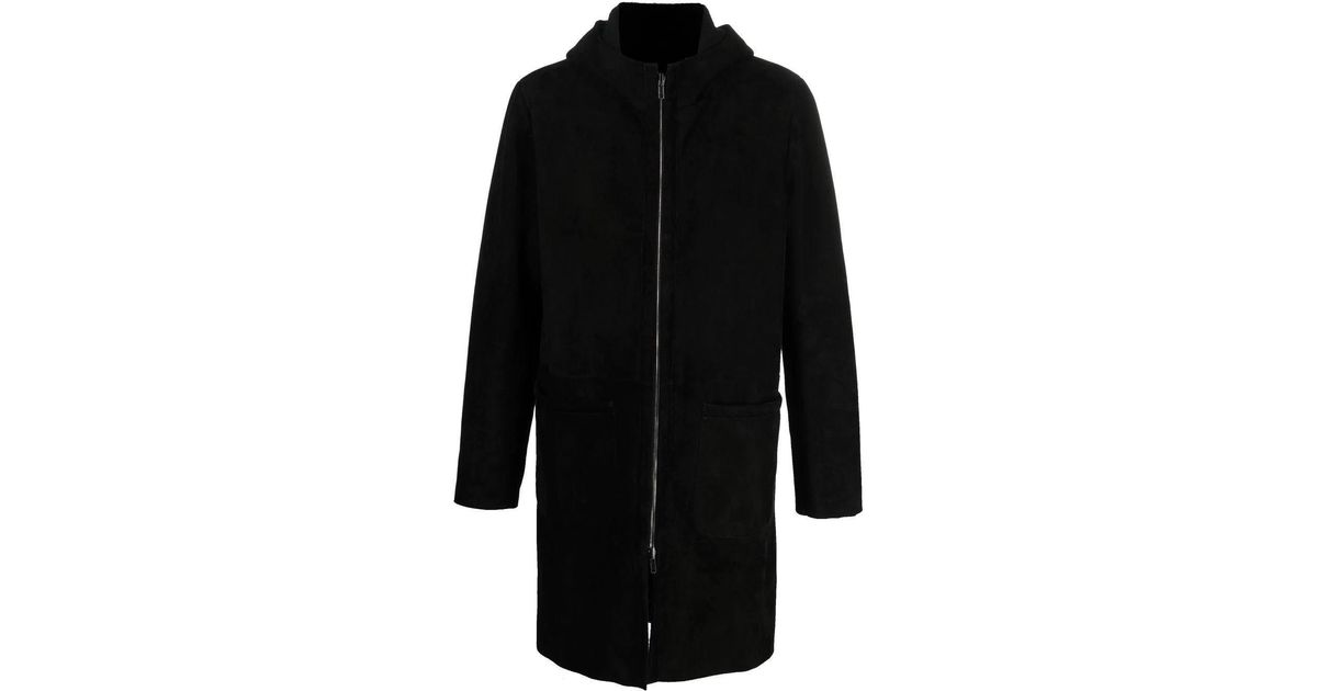 Salvatore Santoro Black Leather Coat With Front Zip And Hood Sune | Lyst