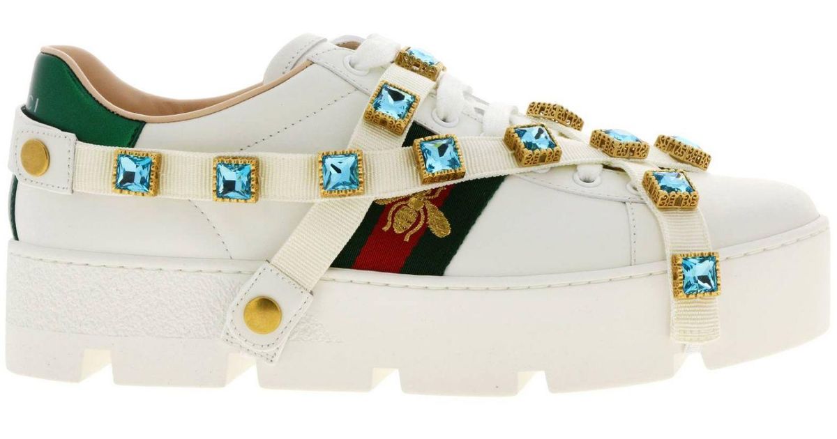 Sneakers new ace running stringata in vera pelle con gioiello di strass  amovibileGucci in Pelle di colore Bianco | Lyst