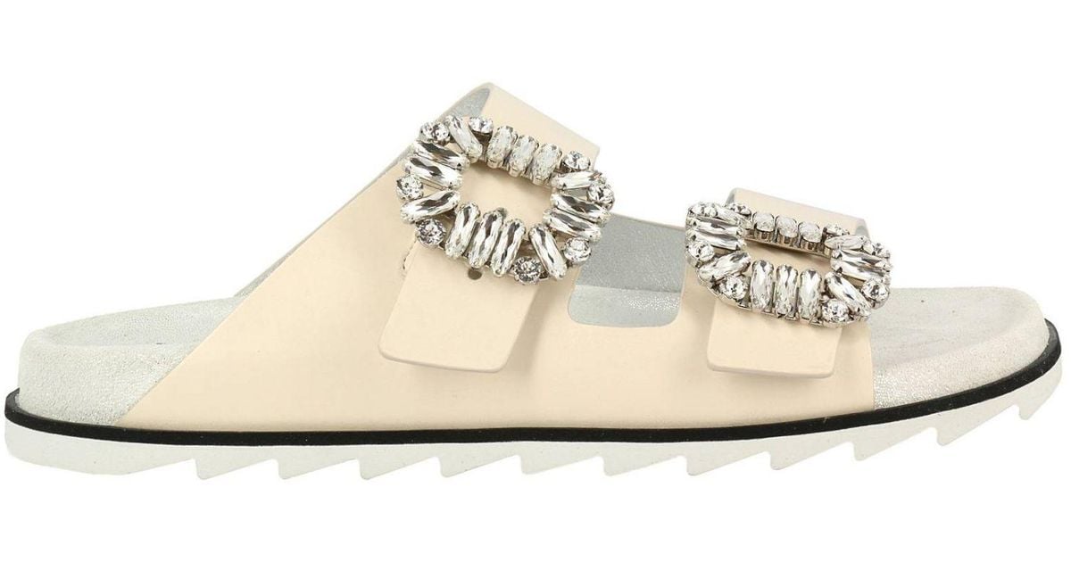 Roger Vivier Slidy Viv Leather Slip-on Sandals in White - Lyst