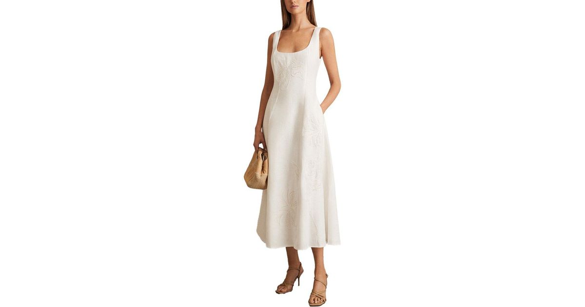 Reiss Elise Linen Floral Embroidered Dress in Natural | Lyst