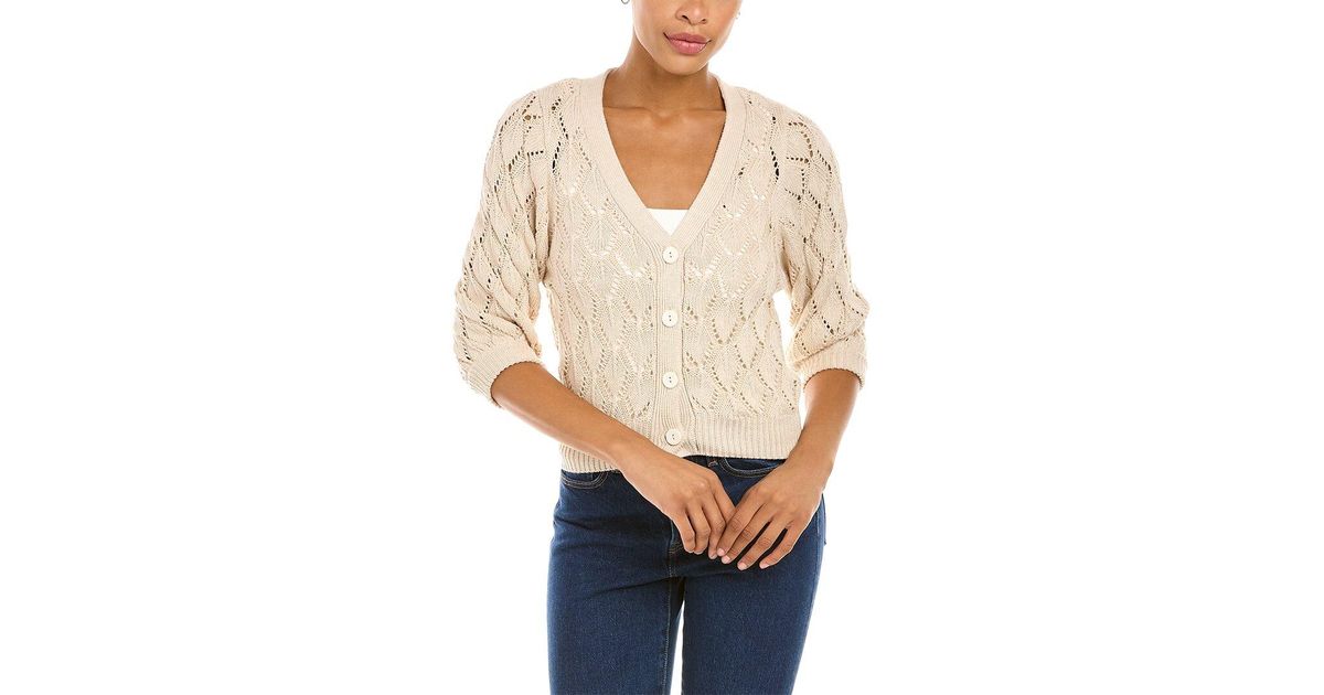 Autumn Cashmere Cotton Puff Sleeve Pointelle Cardigan in Beige (Natural