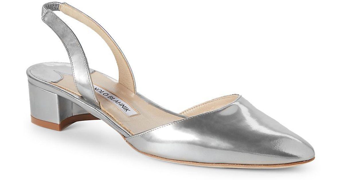 manolo blahnik aspro patent leather block heel slingbacks