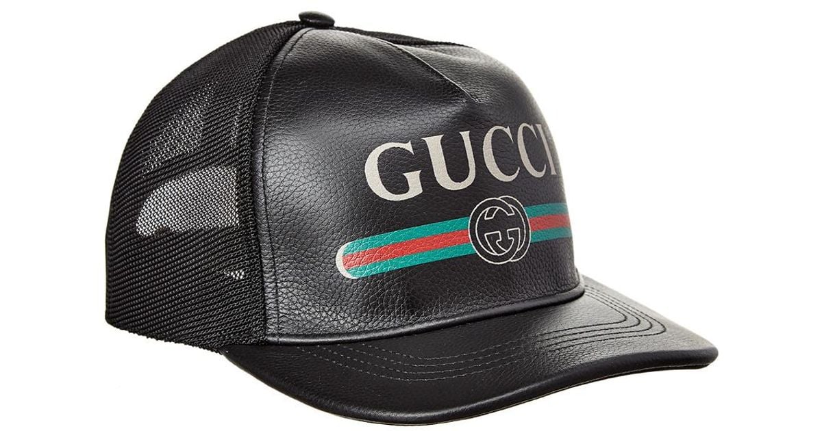 Gucci Fake Logo Leather Cap in Black Leather (Black) for Men Lyst