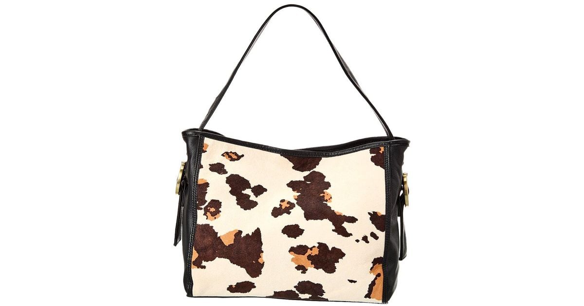 Fame Cow Print Hobo Shoulder Bag with Studded Details
