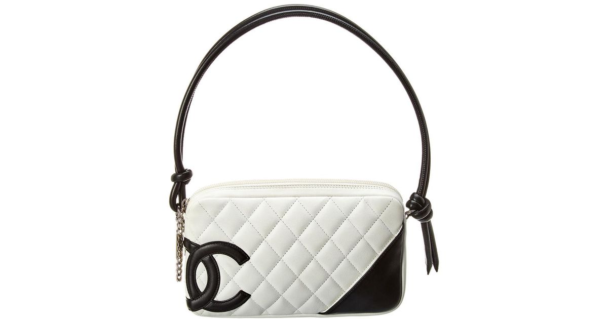 Auth Chanel Calfskin Quilted Cambon Ligne Pochette Beige Women Shoulder Bag