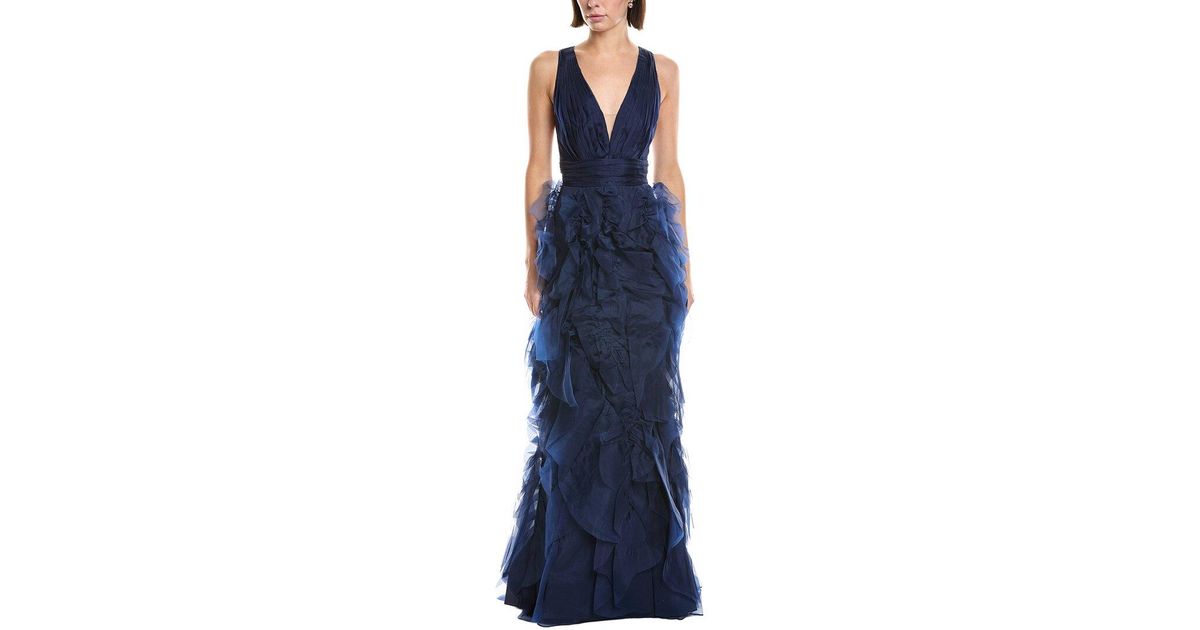 Marchesa Sleeveless Deep V-Neck Silk Maxi Dress in Blue | Lyst
