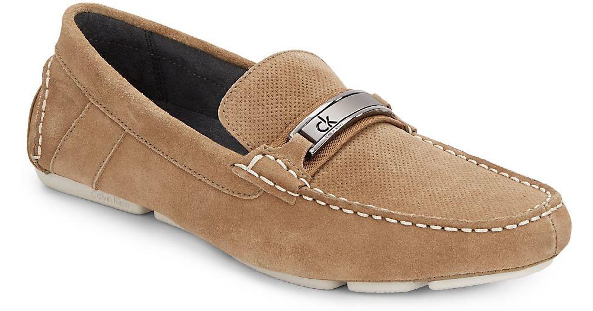 Calvin Klein Marcell Perforated Suede Driving Shoes in Sand (Natural