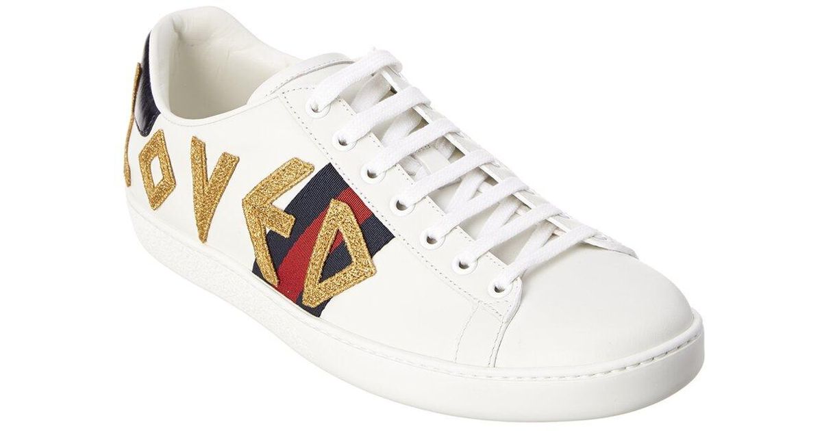 Gucci Ace Loved Embroidered Leather Sneaker in White | Lyst