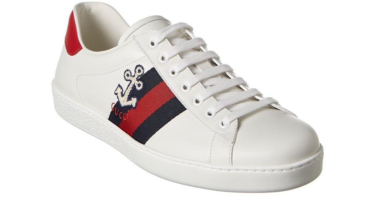Gucci Ace Anchor Leather Sneaker in White for Men - Lyst