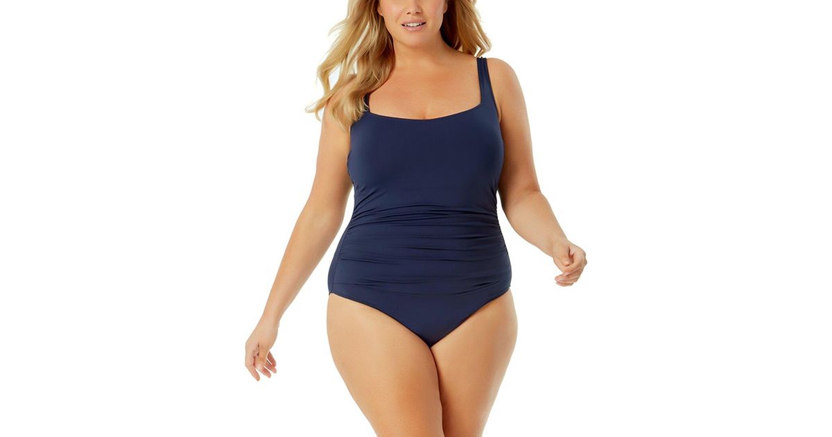 Anne Cole Synthetic Square Neck Shirred Bandeau One piece In Navy Blue 