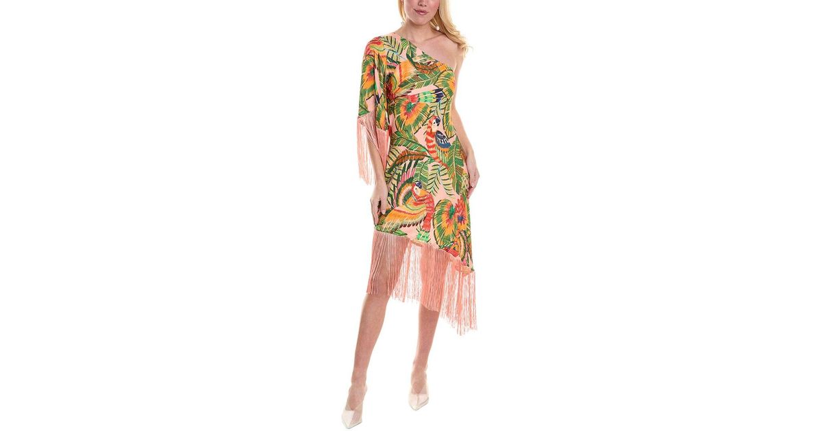 farm rio macaw leaves one-shoulder midi dress Farm Rio One-Shoulder Fringe Midi Dress In Macaw Leaves - 25% Off
