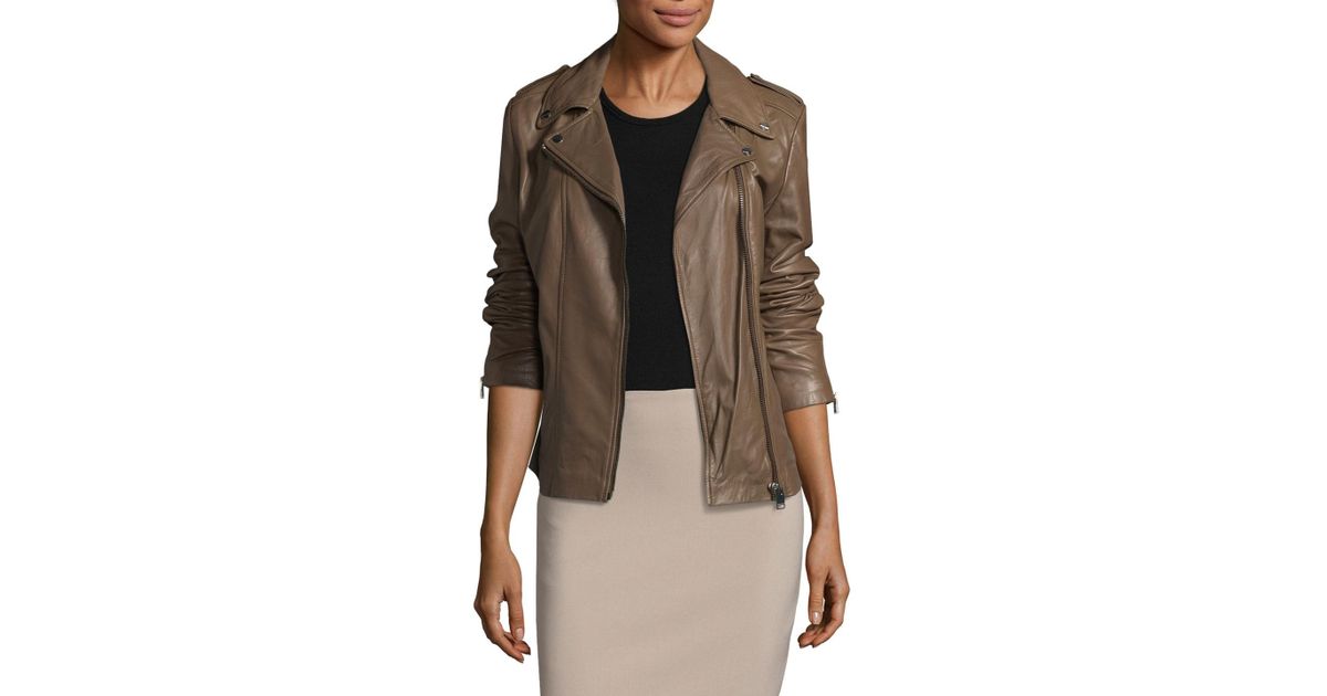 Lyst Lamarque Terri Lambskin Leather Motorcycle Jacket In Brown