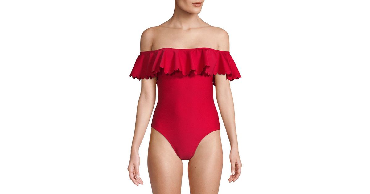 red off the shoulder one piece swimsuit