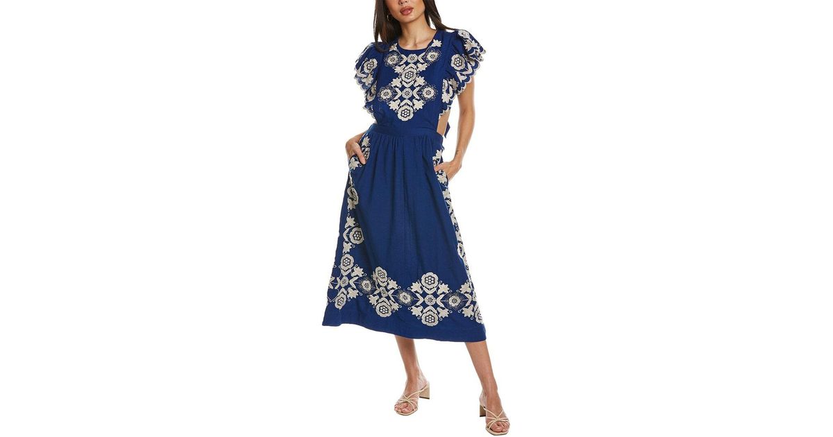 Sea Manuela Apron Linen-blend Midi Dress in Blue | Lyst