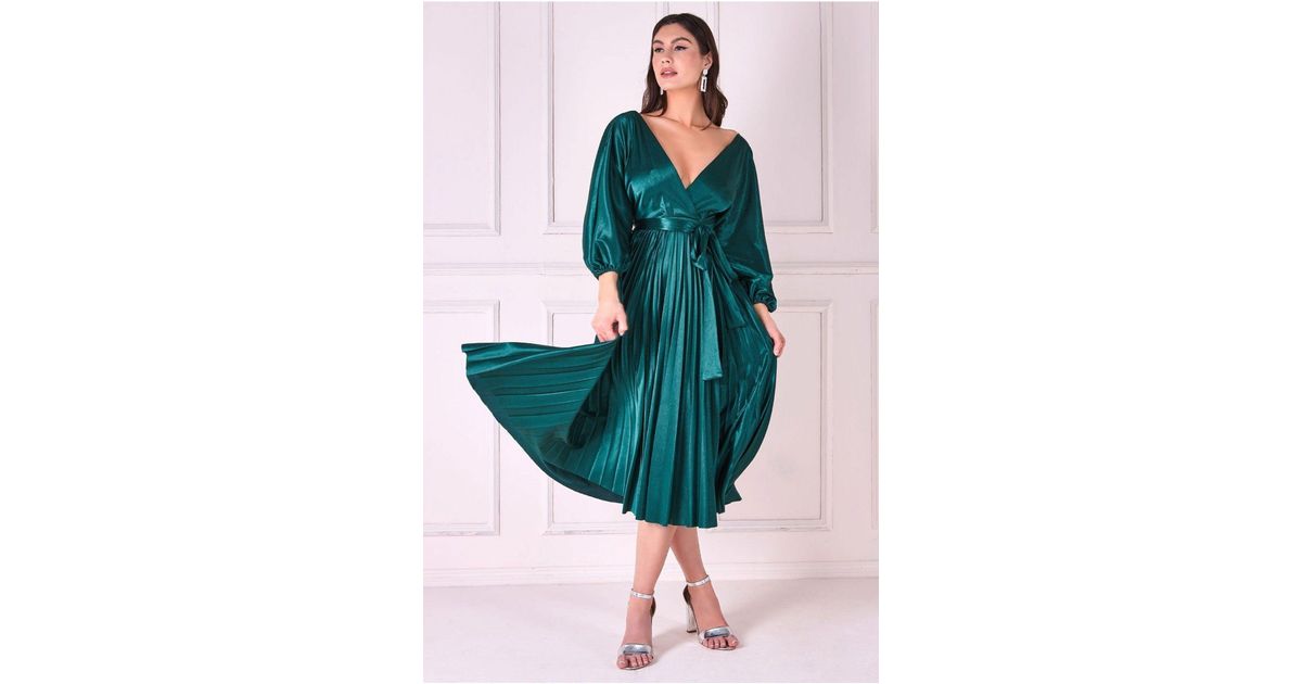 Goddiva Pleated Satin Bodice High And Low Dress - Sage Green