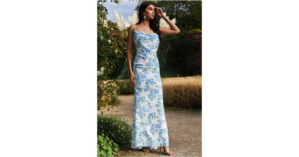 Goddiva Floral Cowl Neck Maxi Dress in Blue | Lyst
