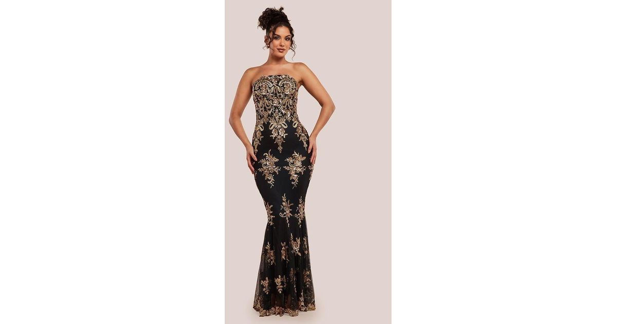 goddiva bandeau sequin embellished maxi dress in gold Scallop Mesh Champagne