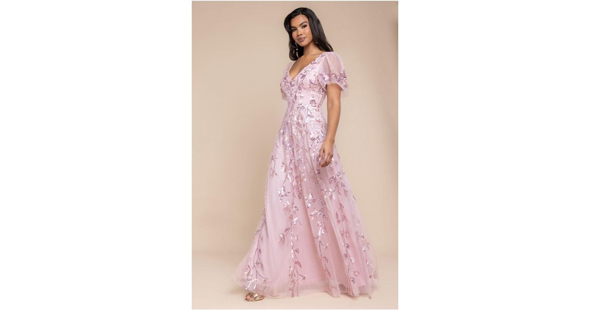Goddiva Flared Sleeve Embroidered Maxi Dress in Purple | Lyst UK