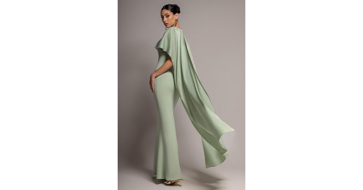 Goddiva Scoop Neck Velvet Satin Cape Sleeve Maxi Dress in Green | Lyst UK